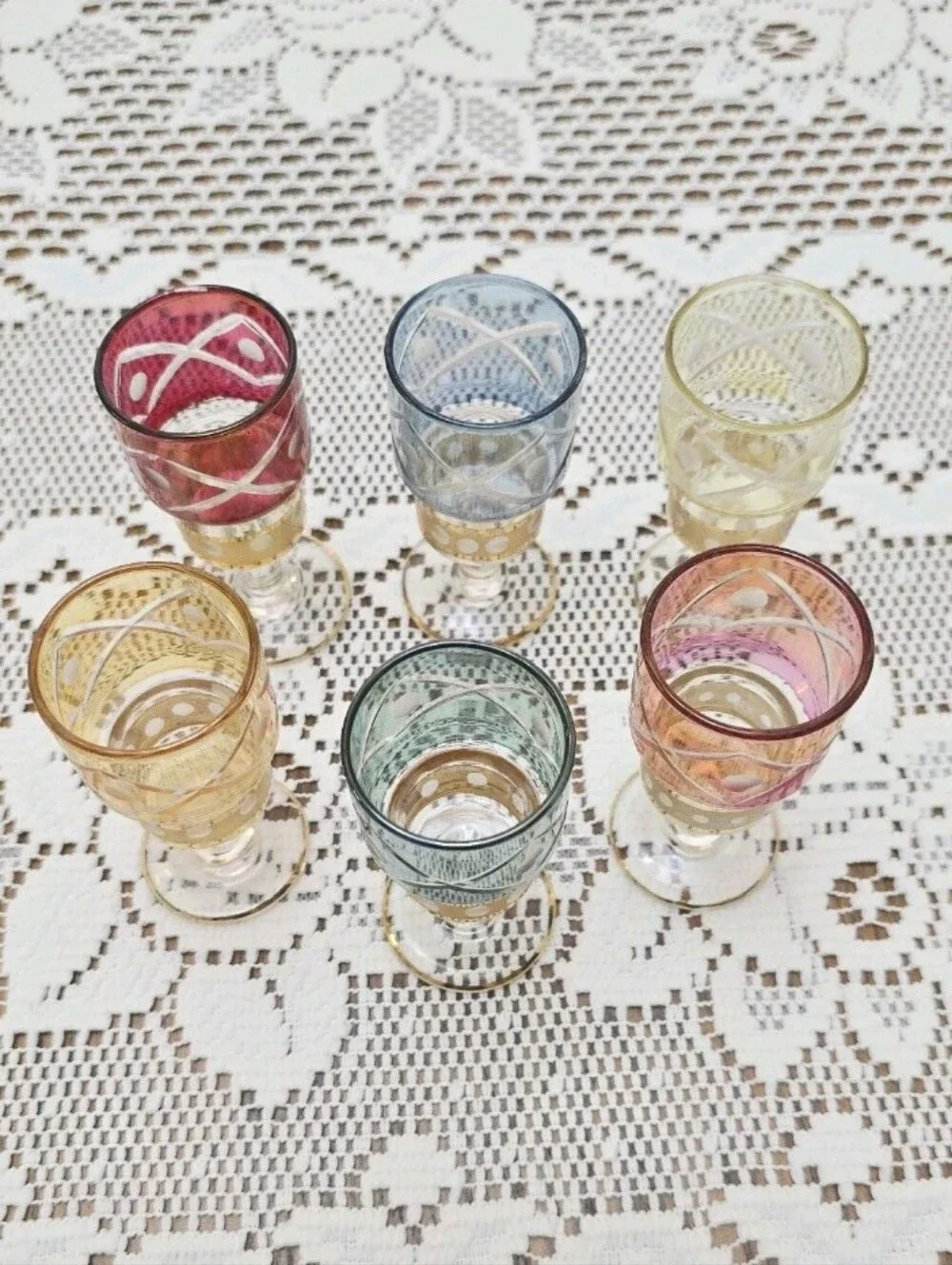 Set of 6 MCM Vintage Cordial Stem Shot Glasses Boho Etched Glass Colorful Gold